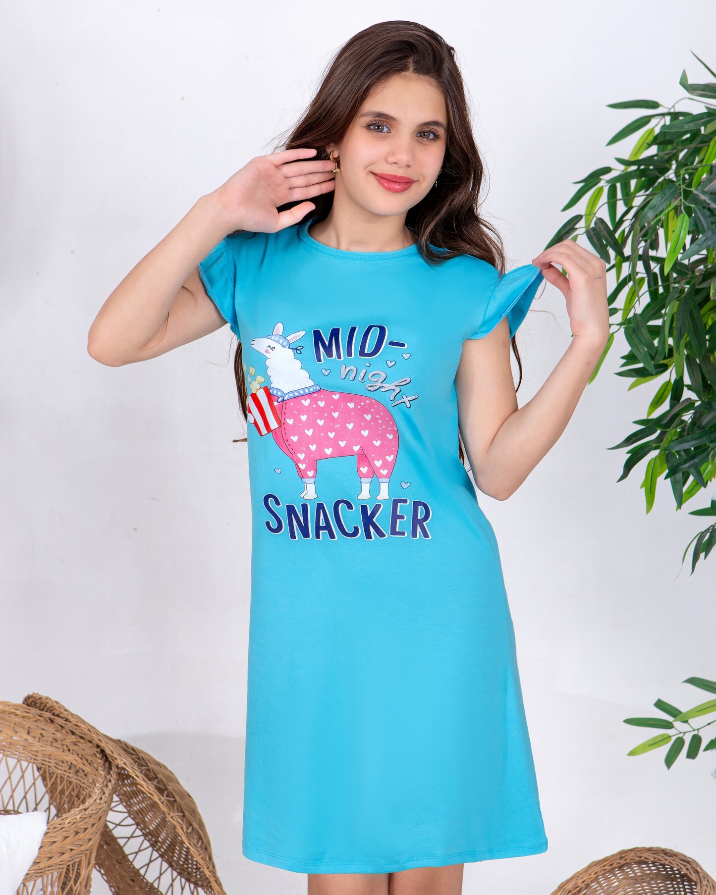 Girls' "Midnight Snacker" Turquoise Summer Nightdress – Premium Full Lycra Cotton – 10853